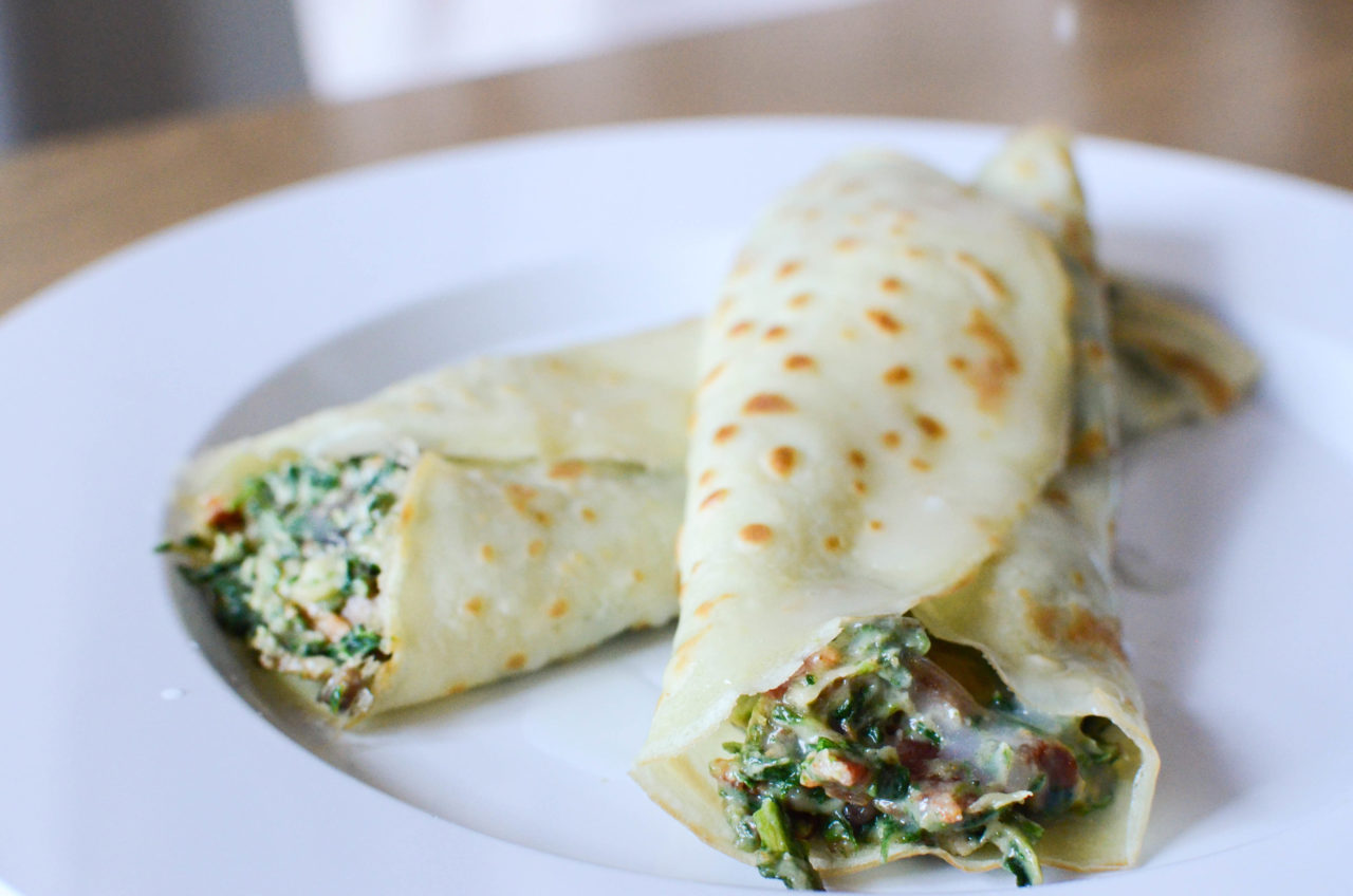 Crepes with Spinach, Bacon, and Mushroom Filling